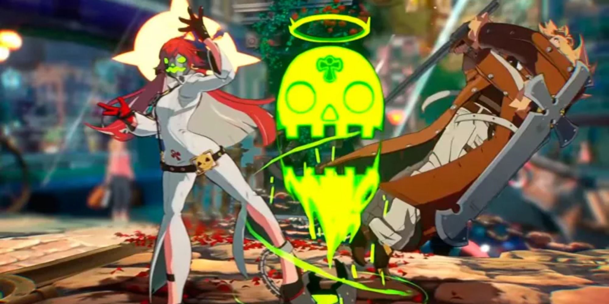Jack-O' performing her Dust Attack on Leo Whitefang in Guilty Gear Strive