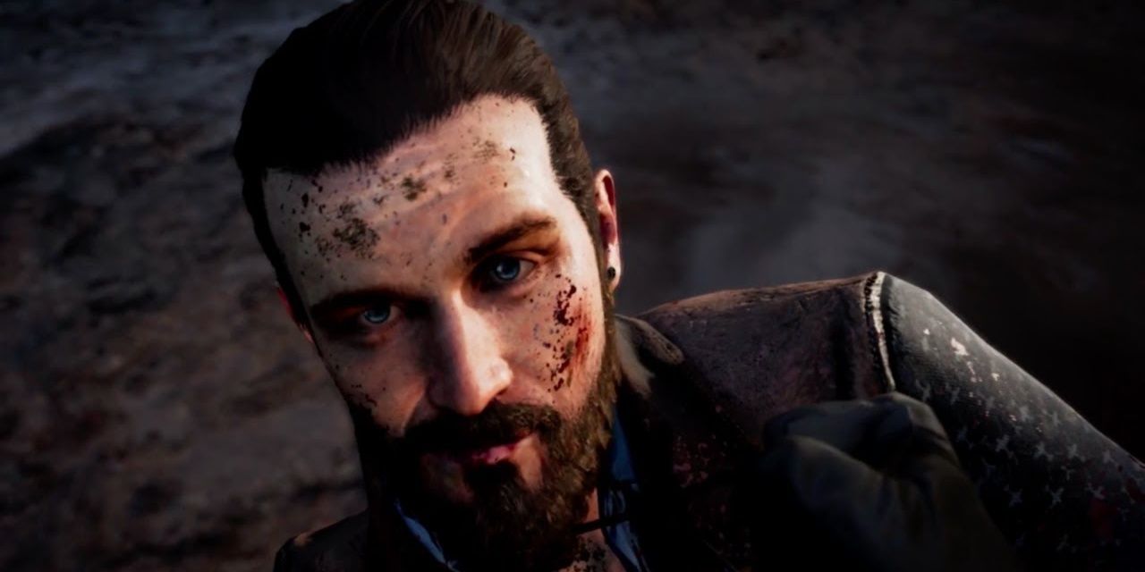 John Seed from Far Cry 5 looking up at player with blood on his cheek