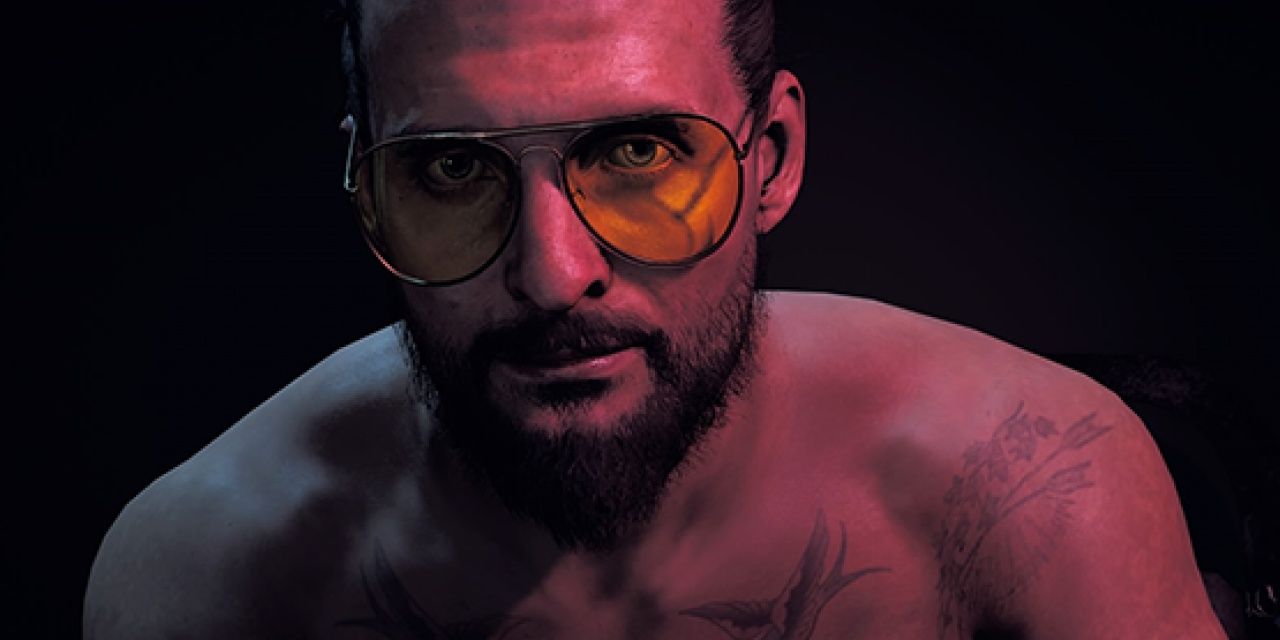 Joseph Seed from Far Cry 5 close up to player, black background behind him