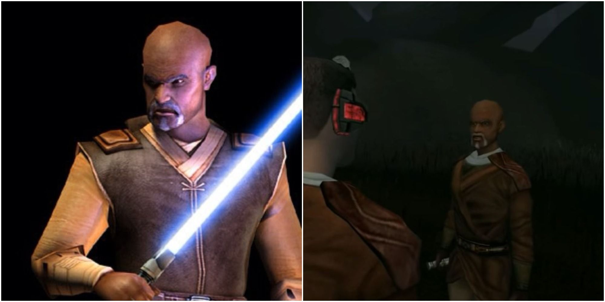 Jolee Bindo holding his blue lightsaber on the left while he angrily addresses Revan on Kashyyyk to the right.
