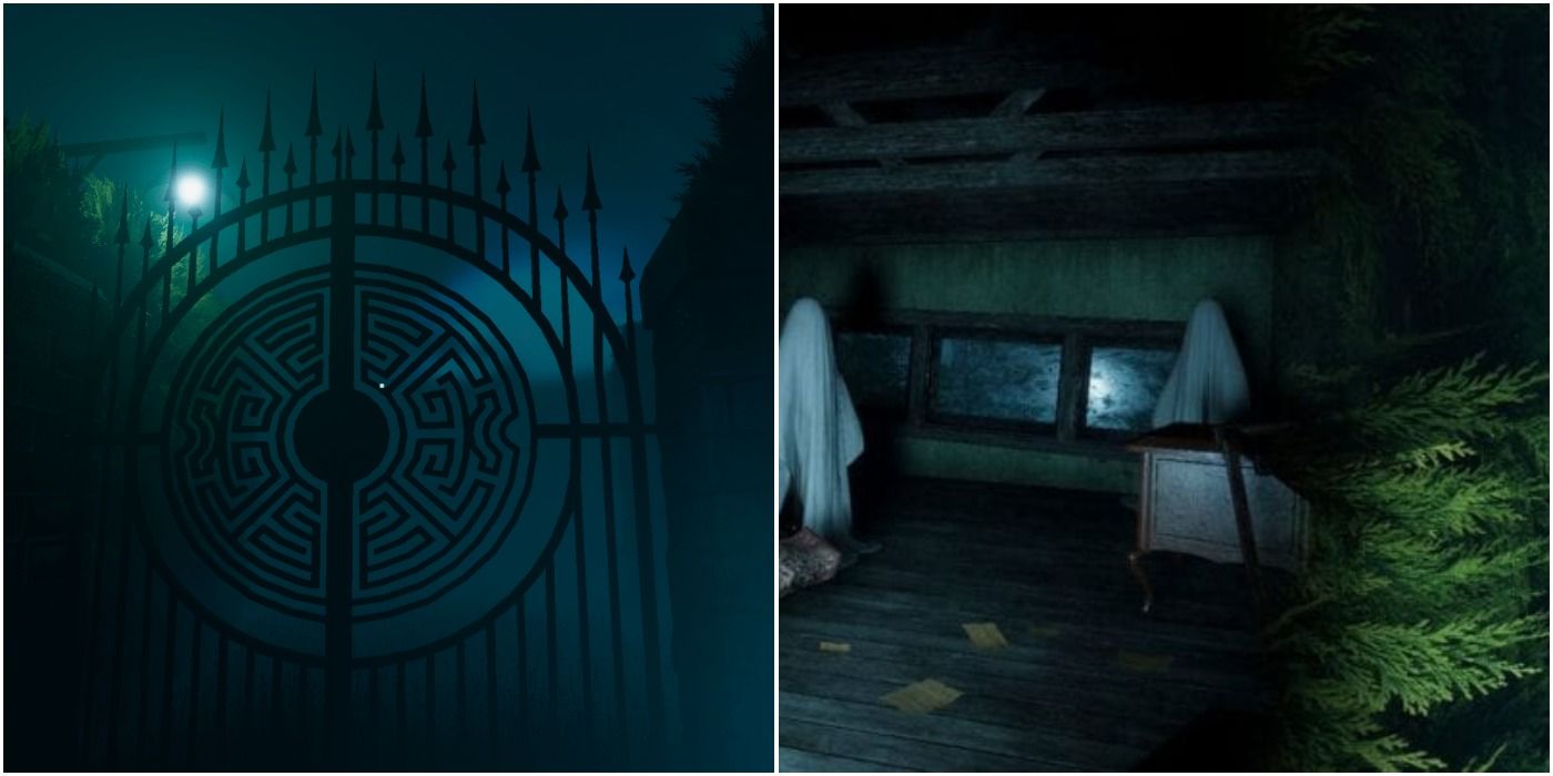 split image of circular maze gate and dark shack with ghost bedsheets in Labyrinthine