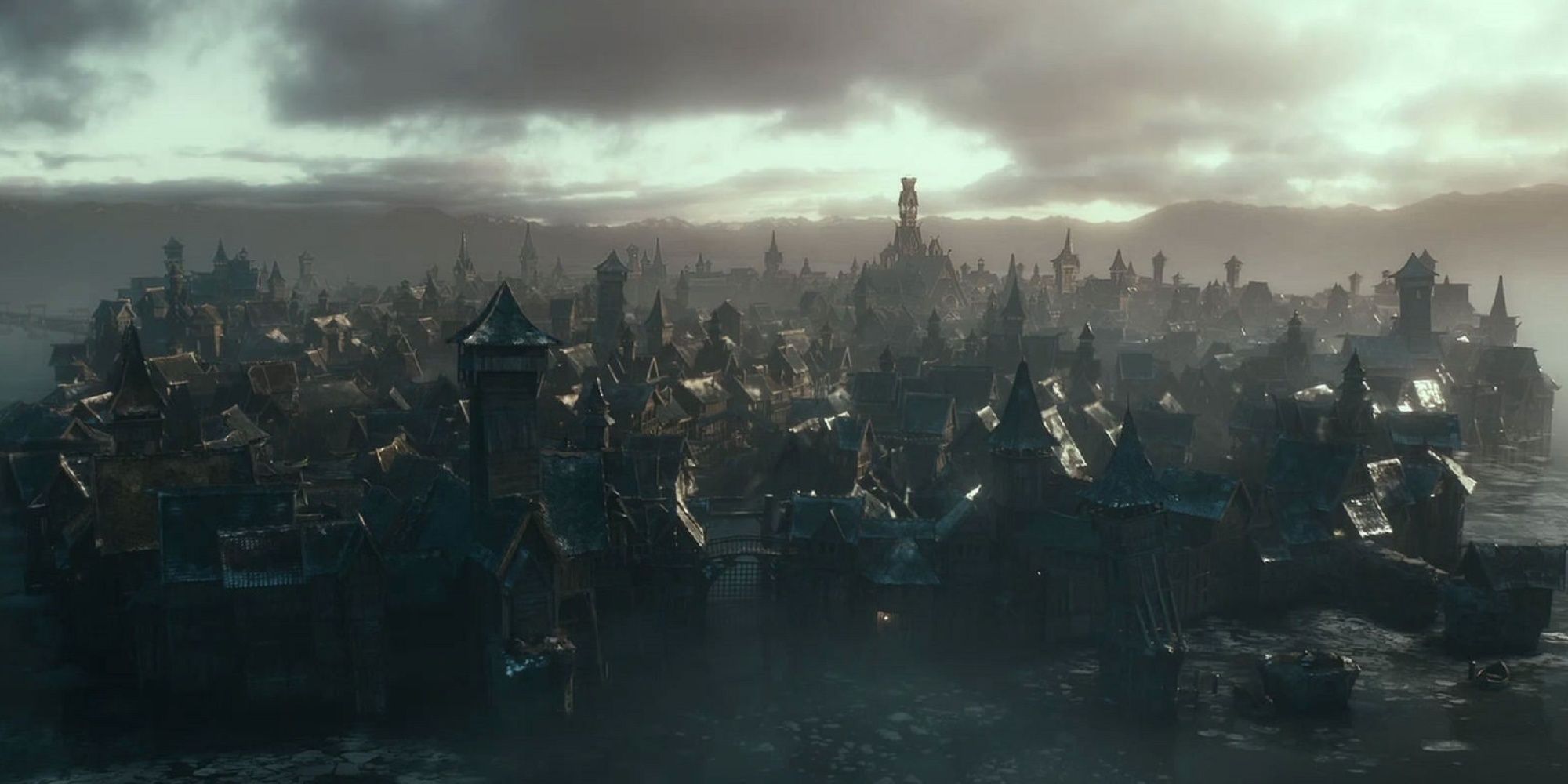 A screenshot of Laketown in The Hobbit movie