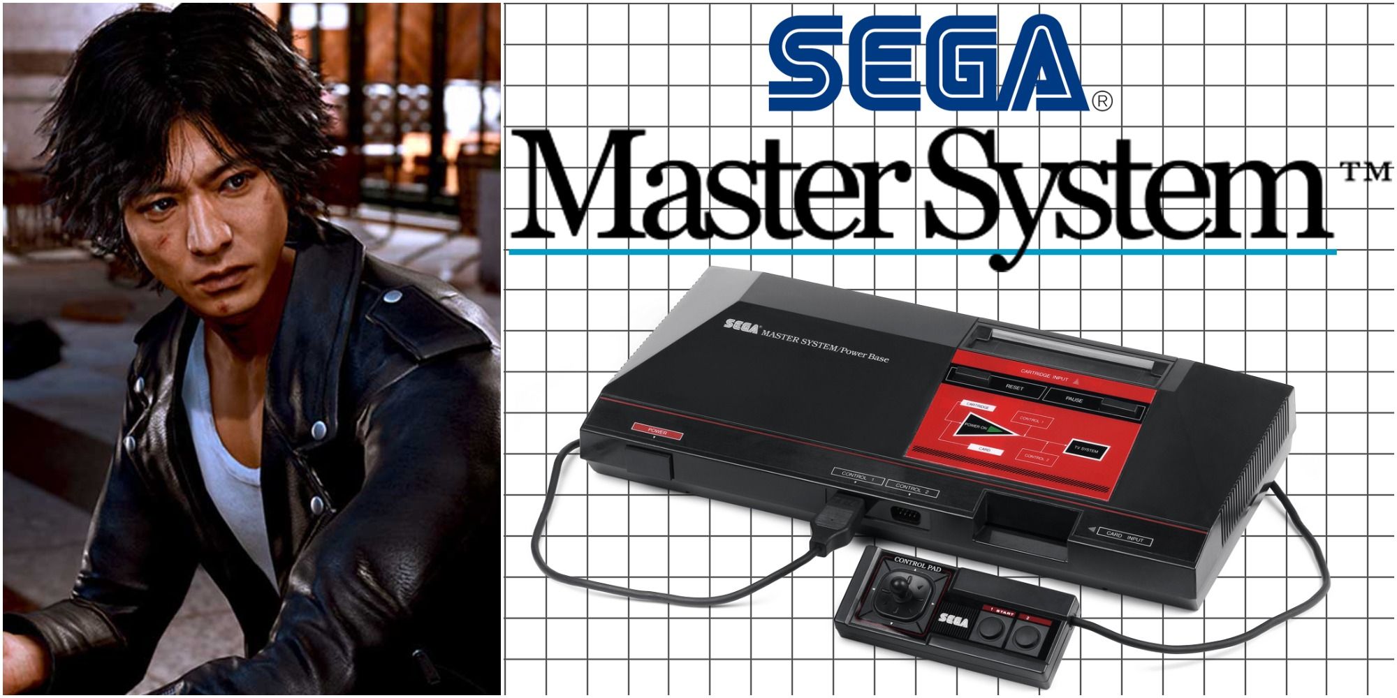 Lost Judgment 8 Sega Master System Games Feature Image with Takayuki Yagami wearing lether jacket