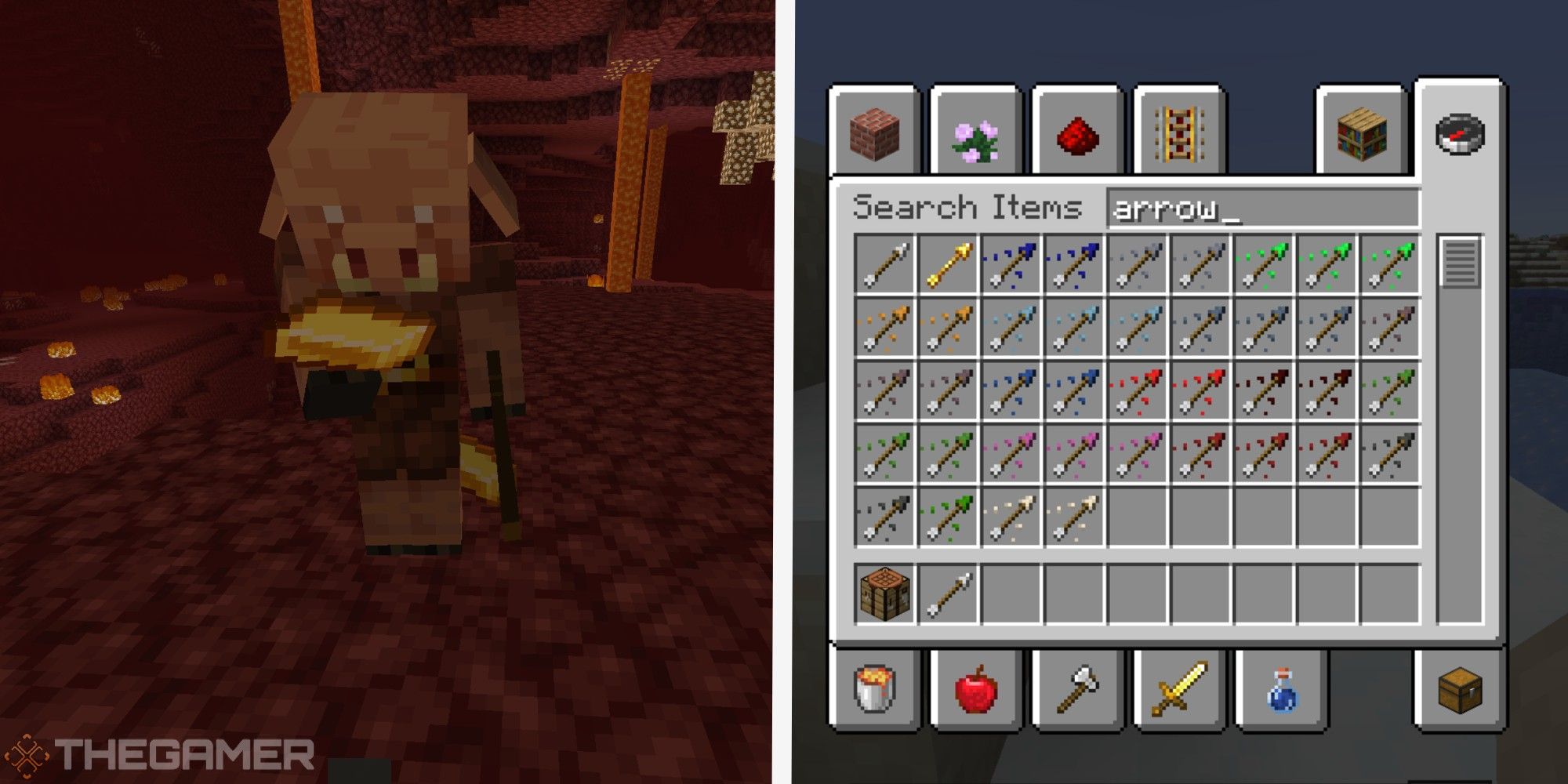 image of piglin looking at gold next to image of arrows in creative mode
