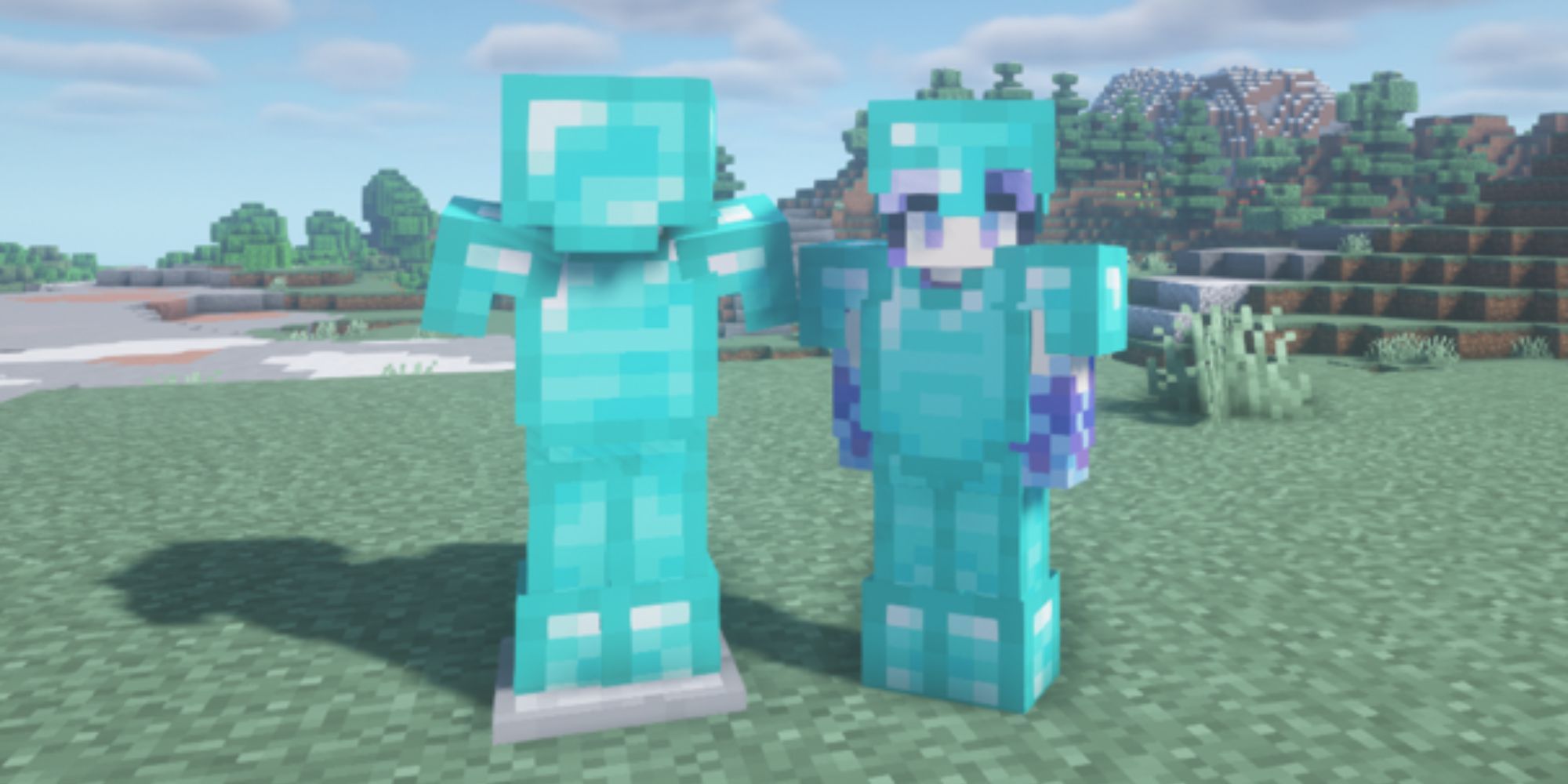 Minecraft Diamond Armor Set on character and mannequin side by side