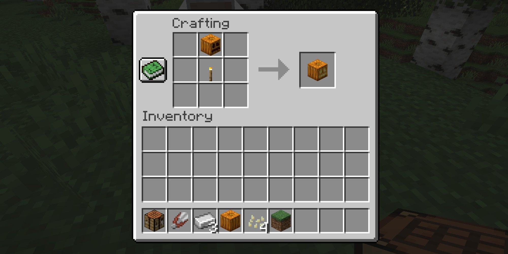 player crafting a jack o lantern from crafting table with a torch and a carved pumpkin
