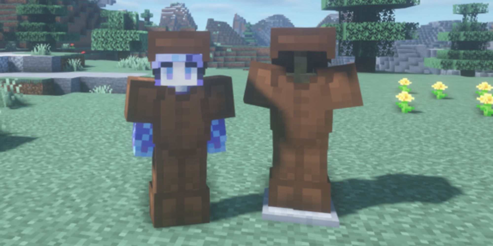 Minecraft Leather Armor Set on character and mannequin side by side