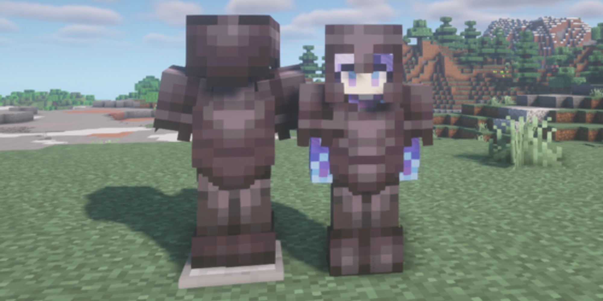 Minecraft Netherite Armor Set on character and mannequin side by side
