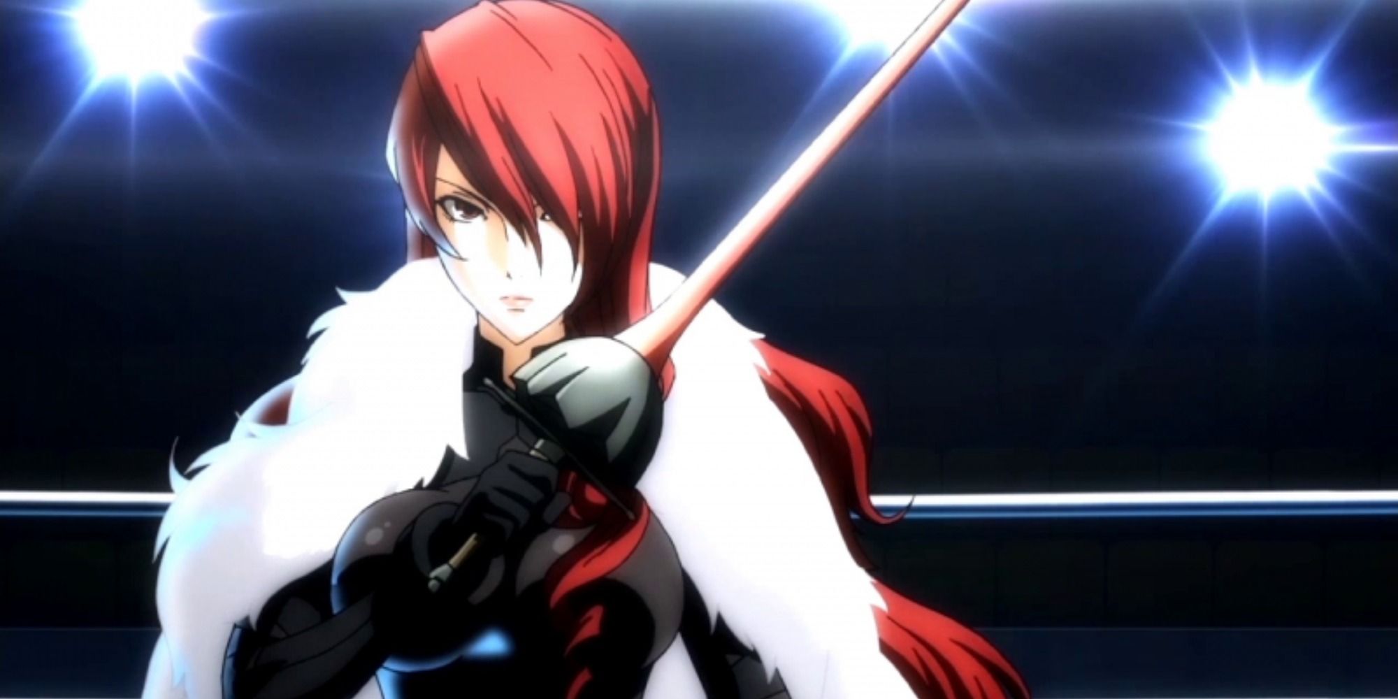 Mitsuru Kirijo wielding a rapier in her cinematic cutscene in Persona 4 Arena