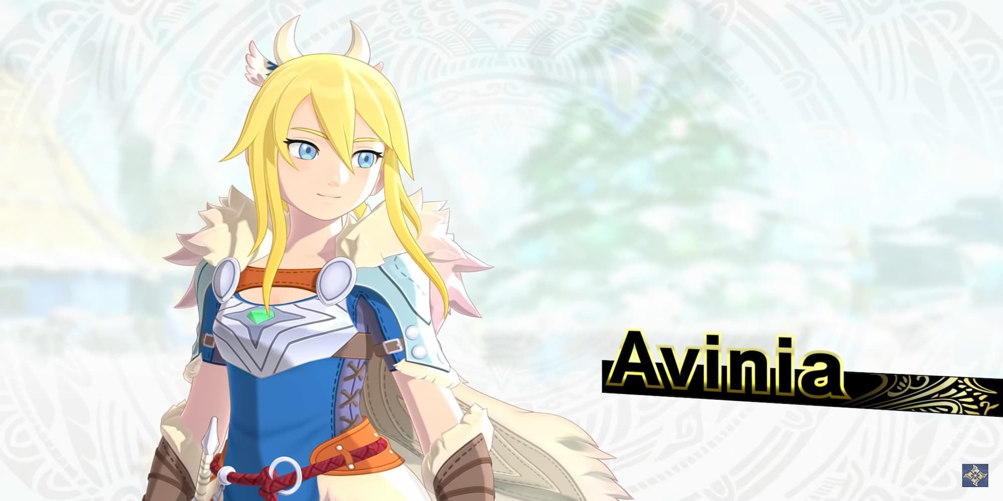 Monster Hunter Stories 2 Avinia wearing blue and white Rider uniform arms at sides staring to side of camera