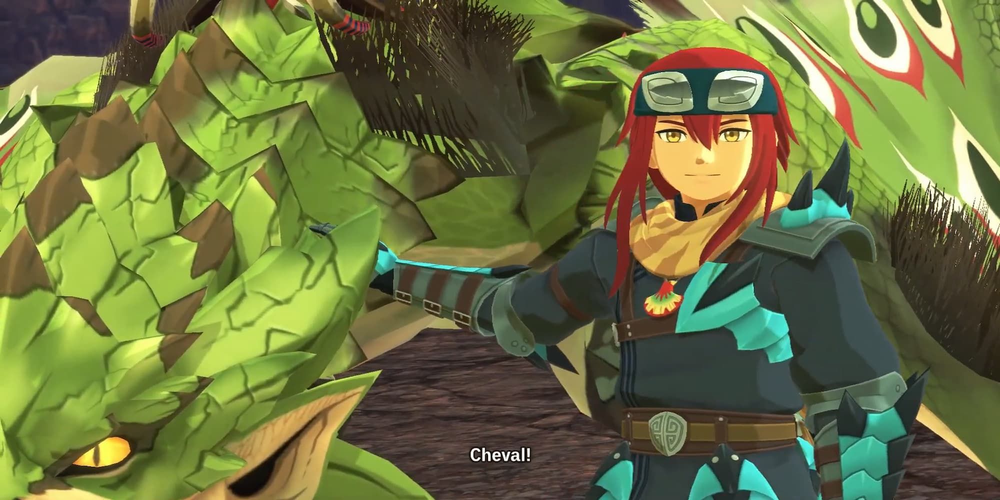 Monster Hunter Stories 2 Cheval red hair and blue Rider uniform hand resting on large green dragon staring at camera smiling