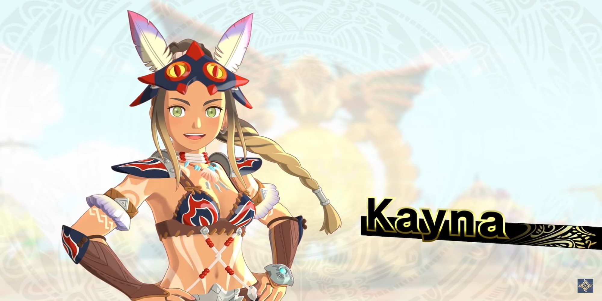 Monster Hunter Stories 2 Kayna wearing brown blue and red bikini top white body and face paint both hands on hips staring at camera smiling