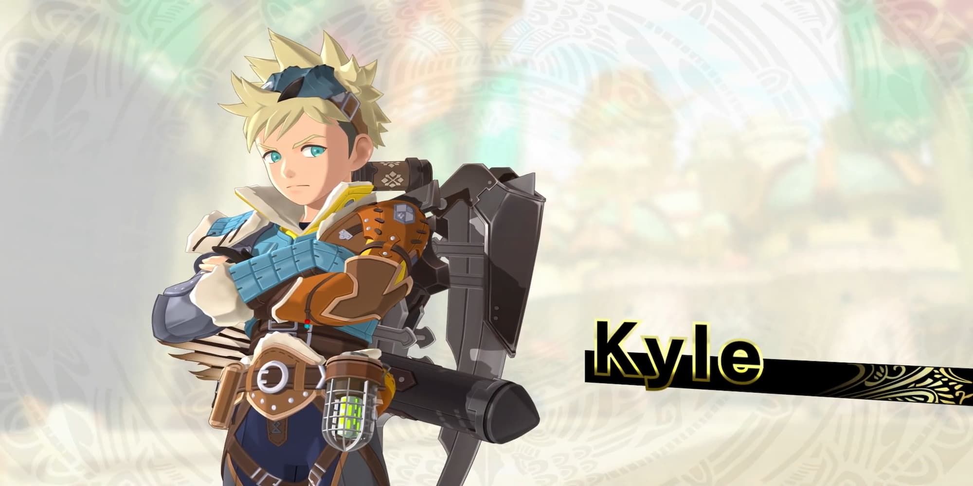 Monster Hunter Stories 2 Kyle wearing blue Hunter uniform with brown and silver tactical gear arms crossed staring at camera
