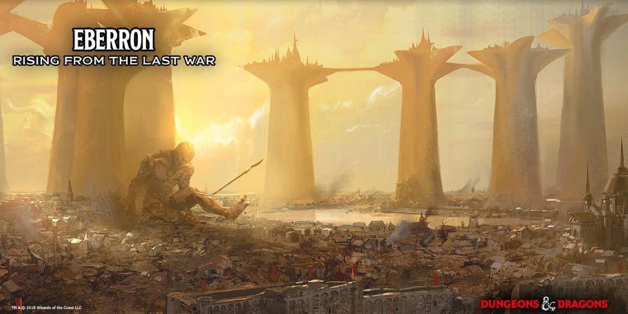 A ruined city in the mournland with a felled warforged colossus resting against a tower