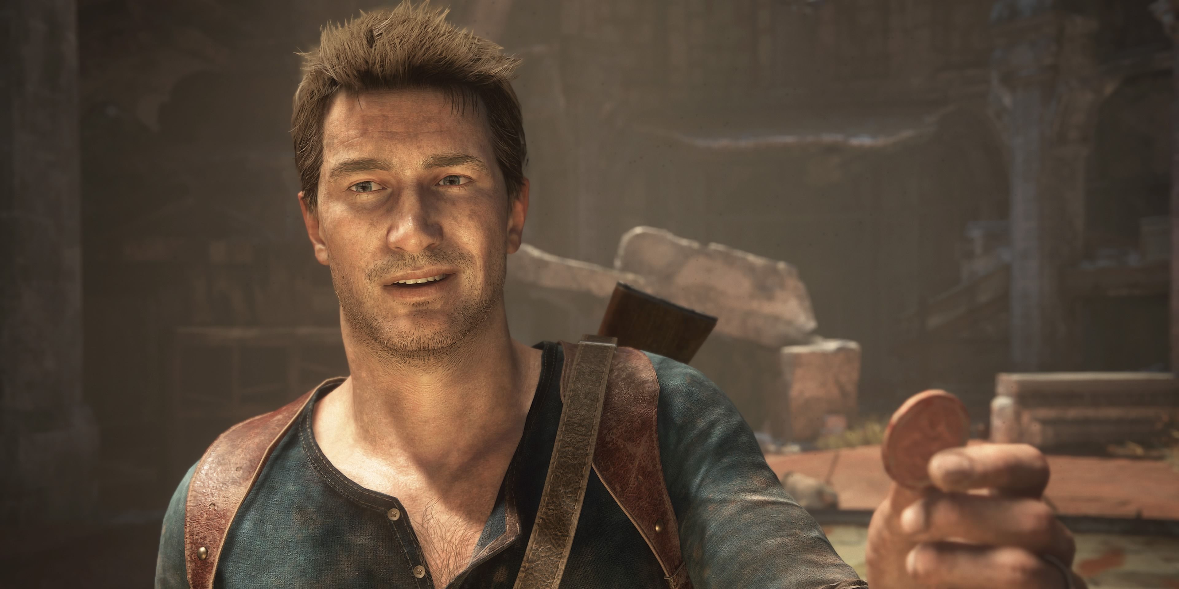 Nathan Drake Happily Holding a Coin