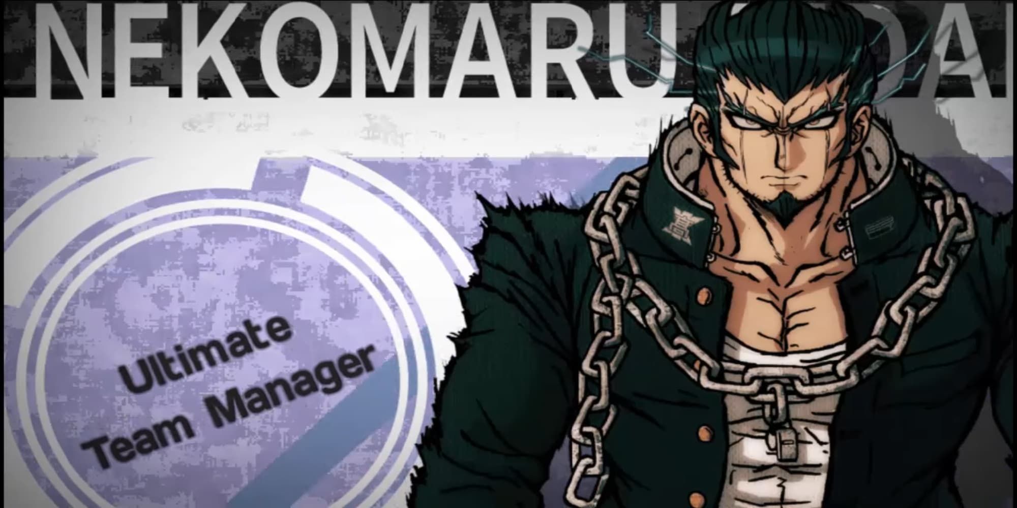 Nekomaru from Danganronpa 2 wearing white button down and black uniform jacket with a chain around his neck staring straight at camera