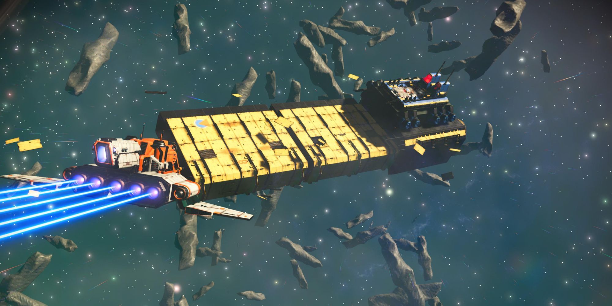 No Man's Sky ship flying towards desolate freighter