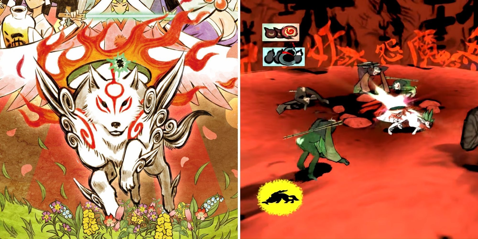 Okami Key Art, next to a picture of Ammeterasu in Combat with Demonic Imps