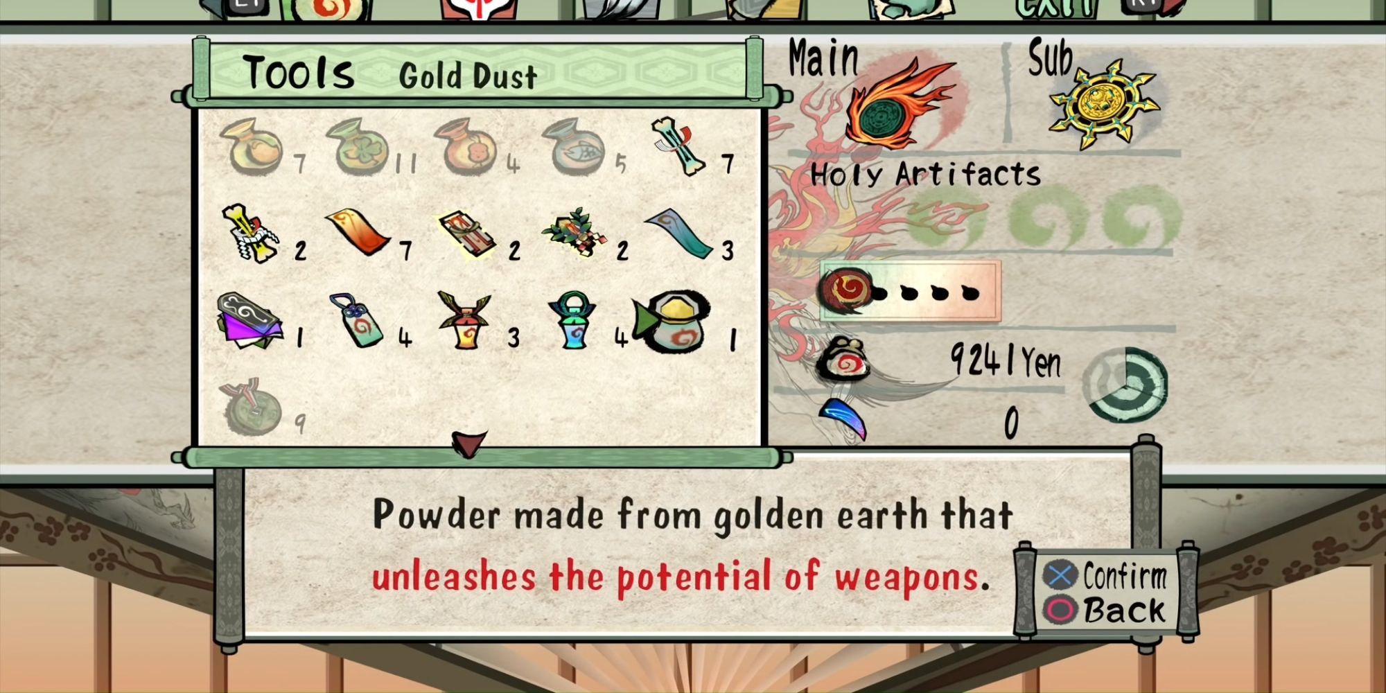 In Okami, Gold Dust is used to upgrade weapons to make them more powerful