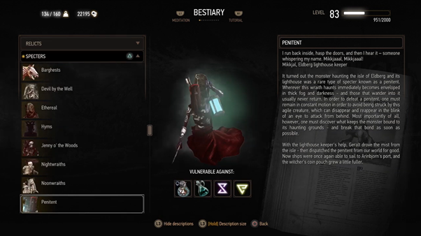 Penitent entry from bestiary from The witcher 3