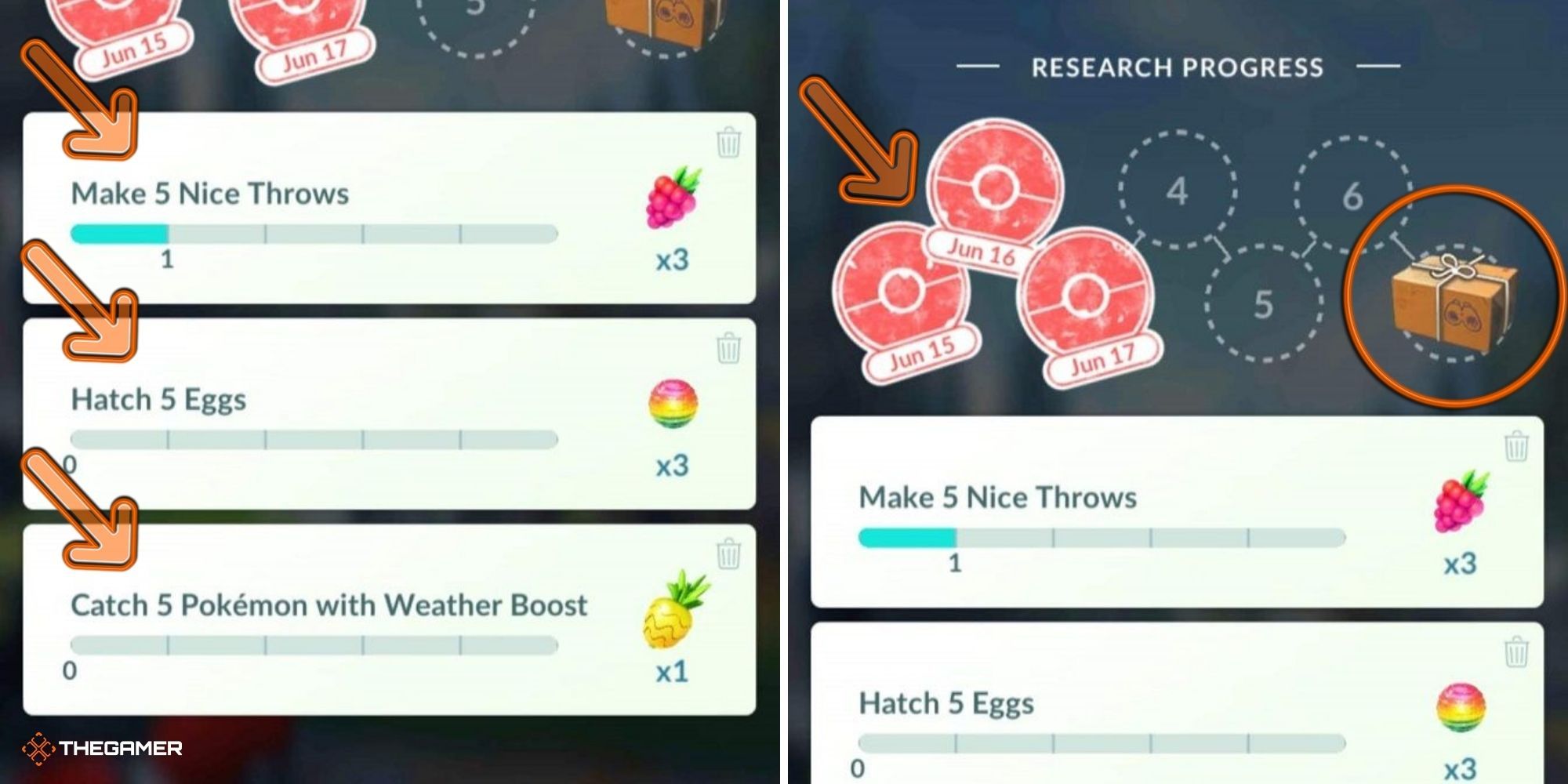 Pokemon GO - Field Research Tasks (left) Field Research Progress (right)
