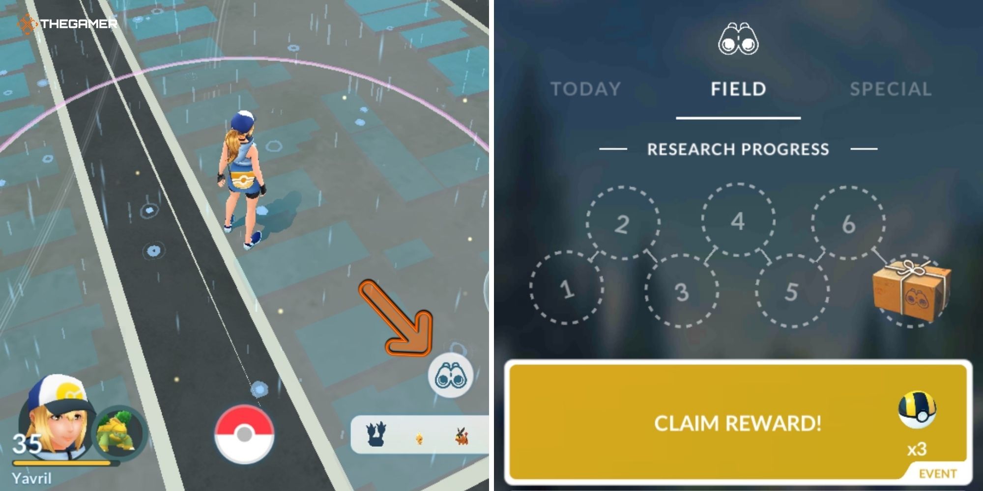 Pokemon GO - Overworld with player walking around and menu (left), Field Research Menu (right)