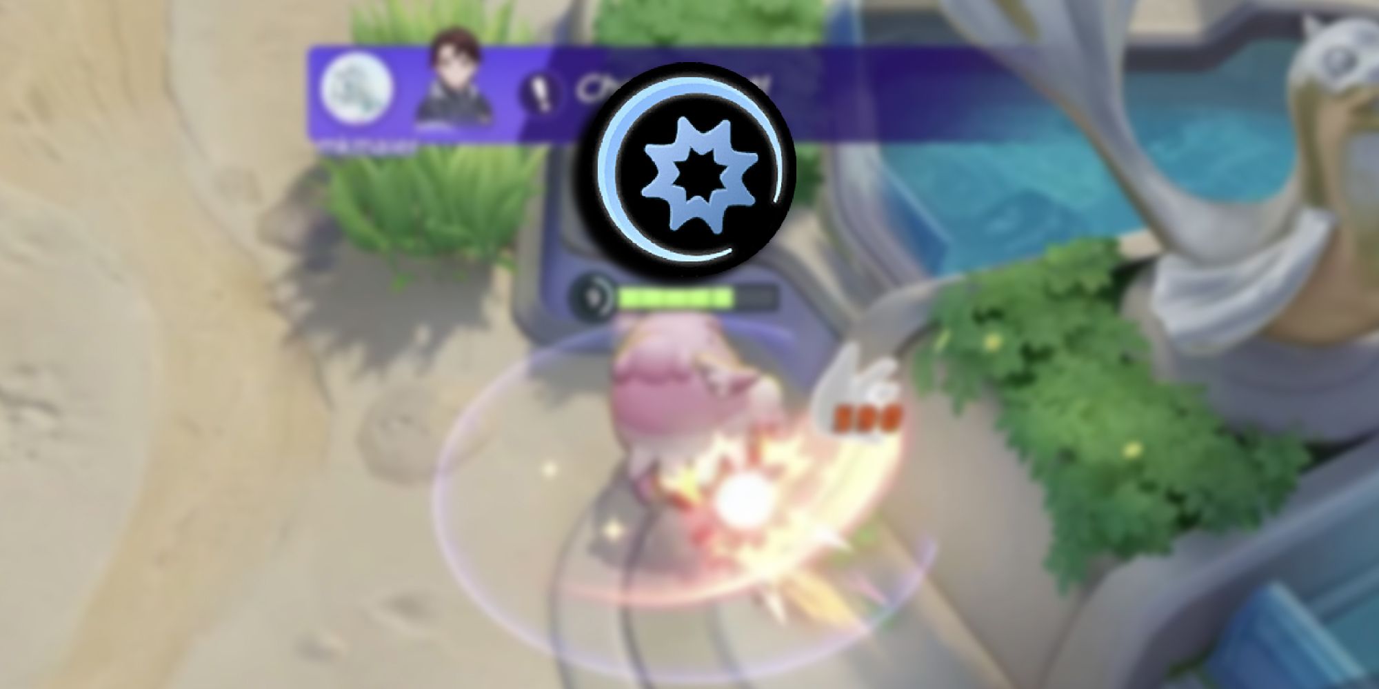 Pokemon Unite - Blissey Using Their Boosted Basic Attack With The PNG Icon For Basic Attack Passives Overlaid On Top