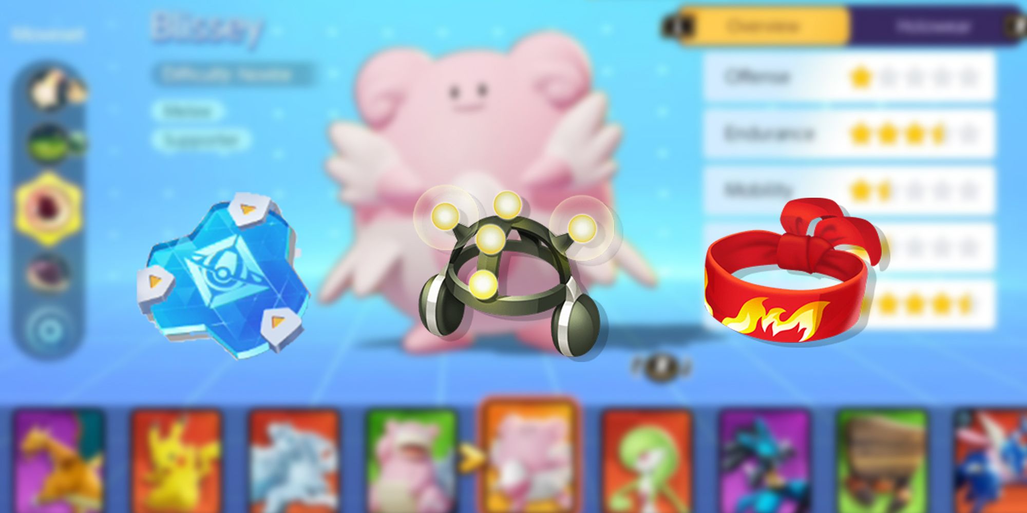 Pokemon Unite - Blurred Image Of Blissey In The Pokemon Screen With Their Typically Held Item PNGs Overlaid On Top