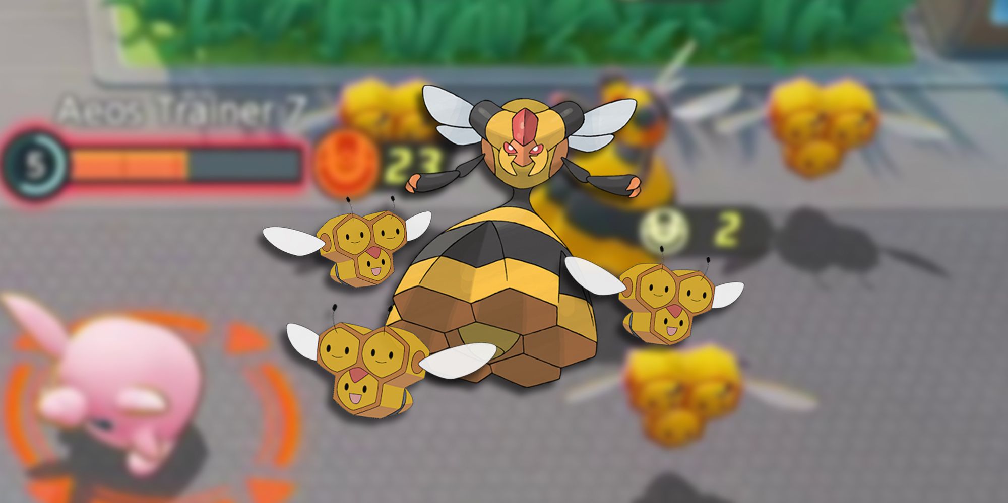 Pokemon Unite - Combee And Vespiqueen In-Game With PNGs Of The Pokemon Overlaid On Top