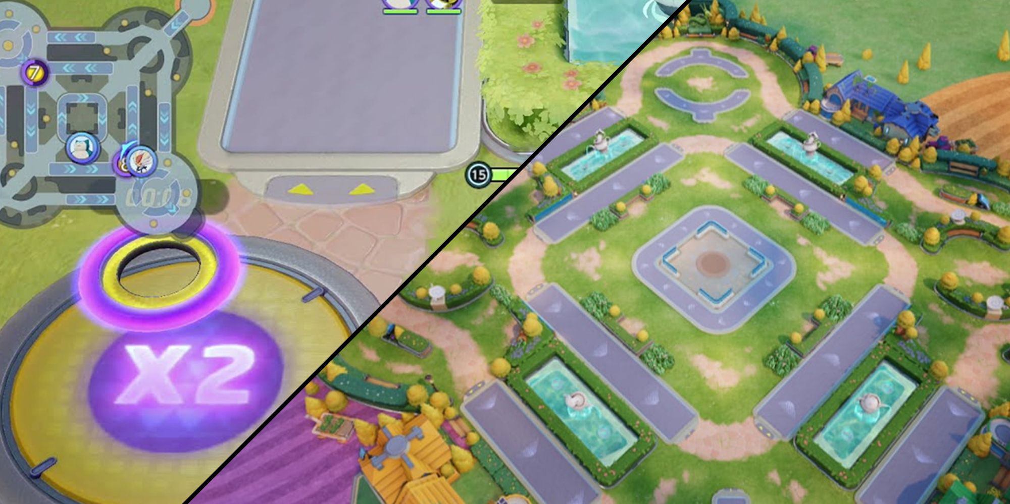 Pokemon Unite - Overhead View Of Auroma Park Side-by-Side With Image Of 2x Points Buff On Same Map