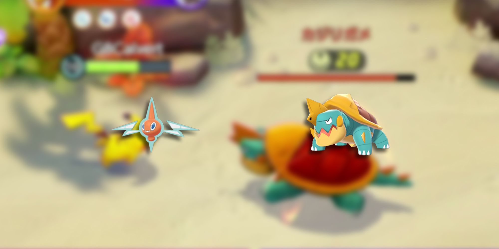 Pokemon Unite - PNGs of Rotom and Dreadnaw Overlaid On Blurred Image Of Pikachu Fighting Drednaw In-Game