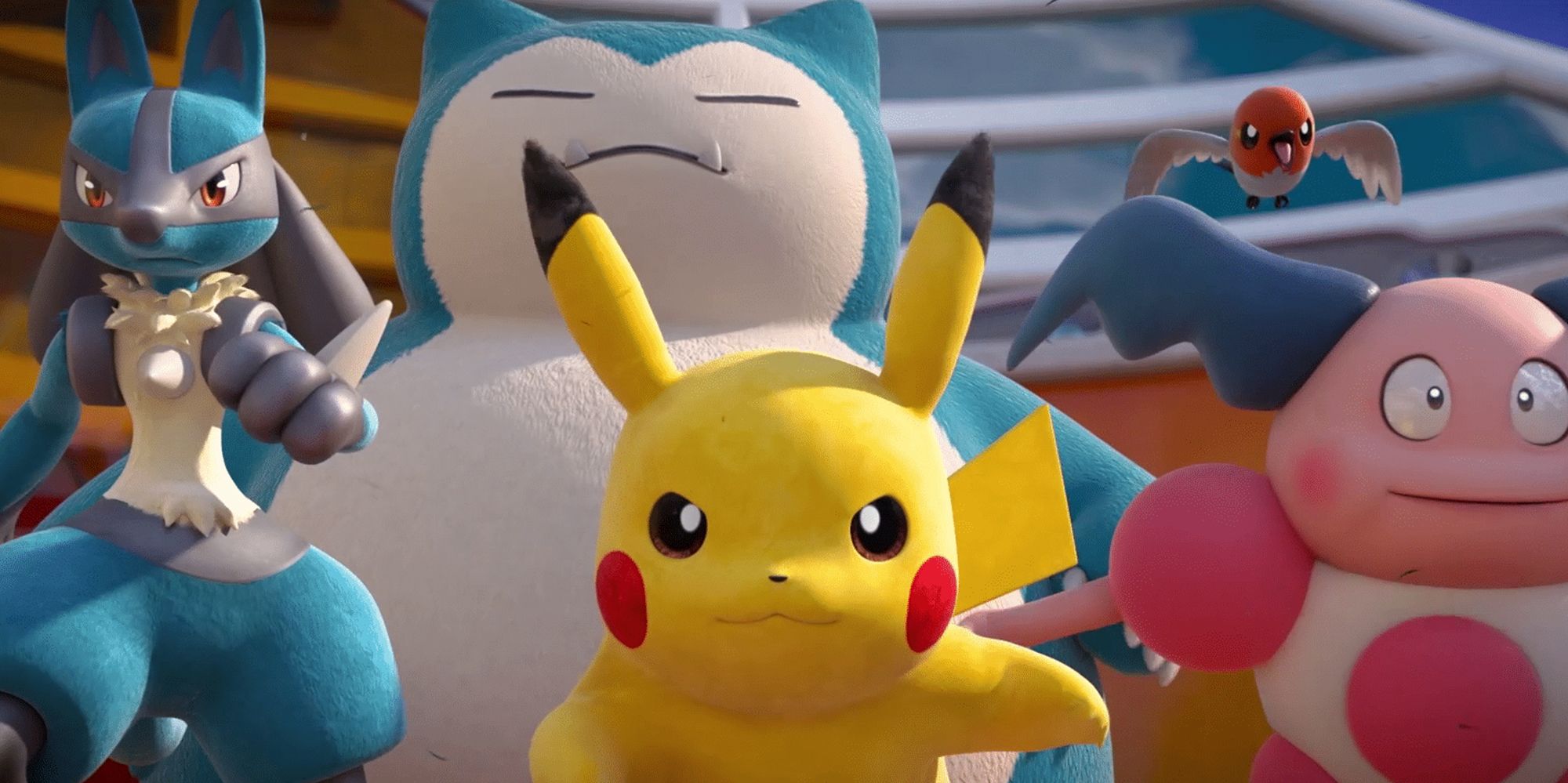 Pokemon Unite - Pikachu, Mr Mime, Lucario, And Snorlax In The Intro Cinematic Staring Toward The Camera