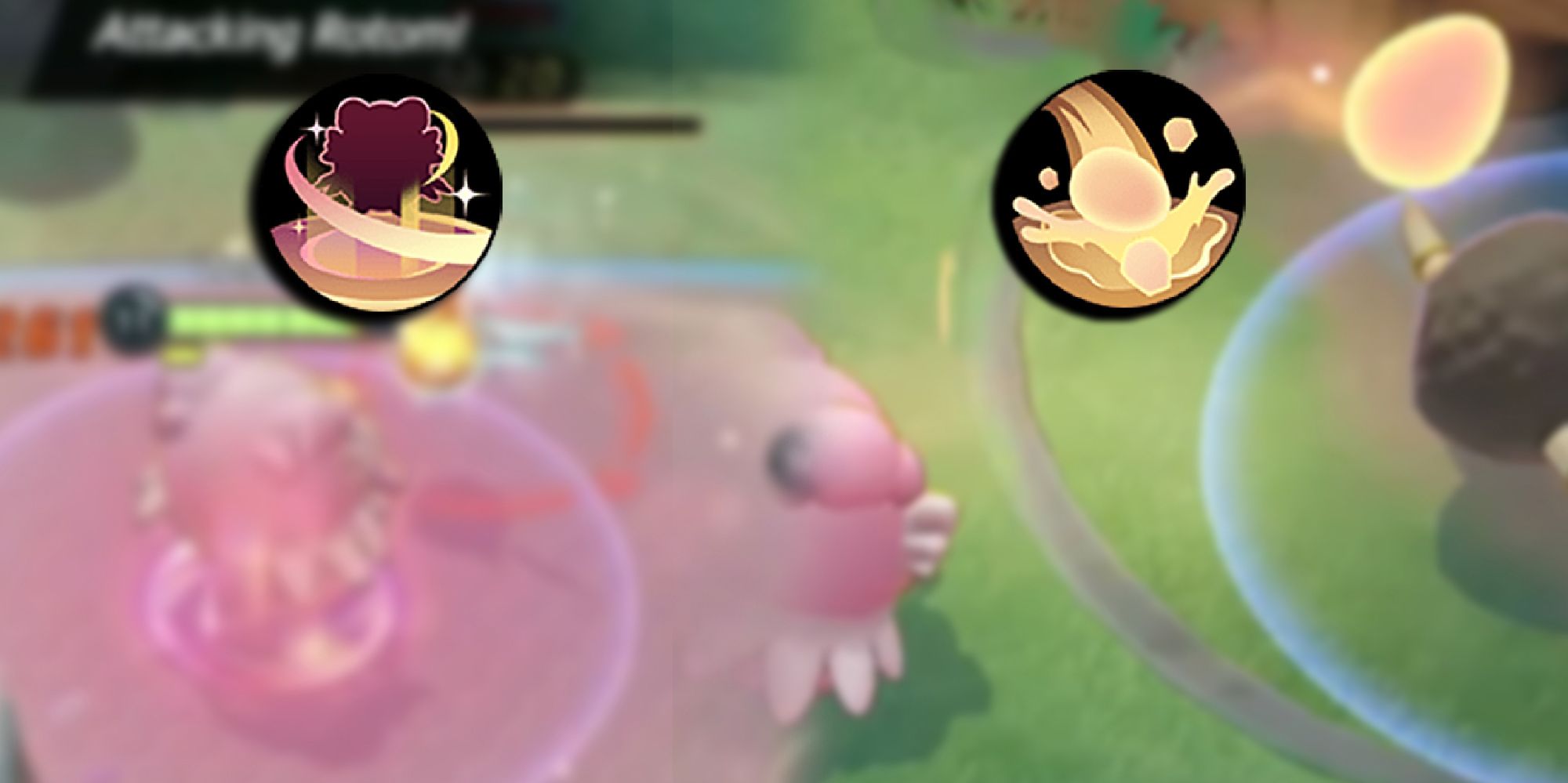 Pokemon Unite -Blurred Images Of Blissey Using Helping Hand And Egg Bomb Side-By-Side With PNGs of Moves Overlaid On Top