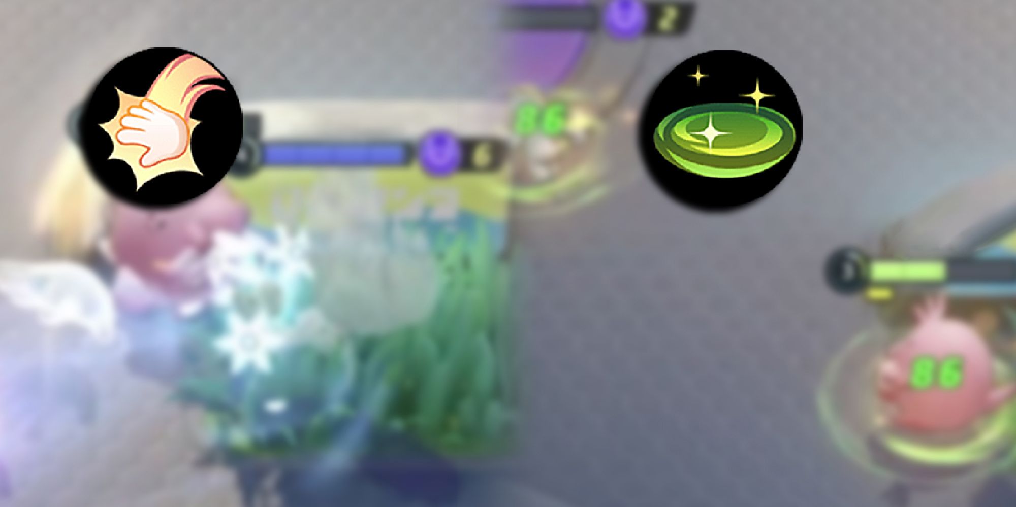 Pokemon Unite -Blurred Images Of Blissey Using Pound And Healing Pulse Side-By-Side With PNGs of Moves Overlaid On Top