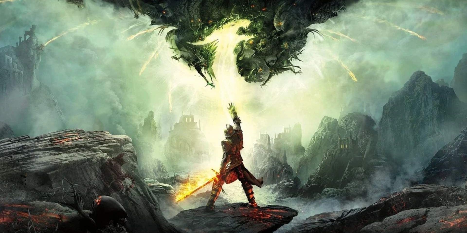 Dragon Age Inquisition: The Protagonist Holds A Sword While Staring Down An Army Of Demons Falling From The Sky