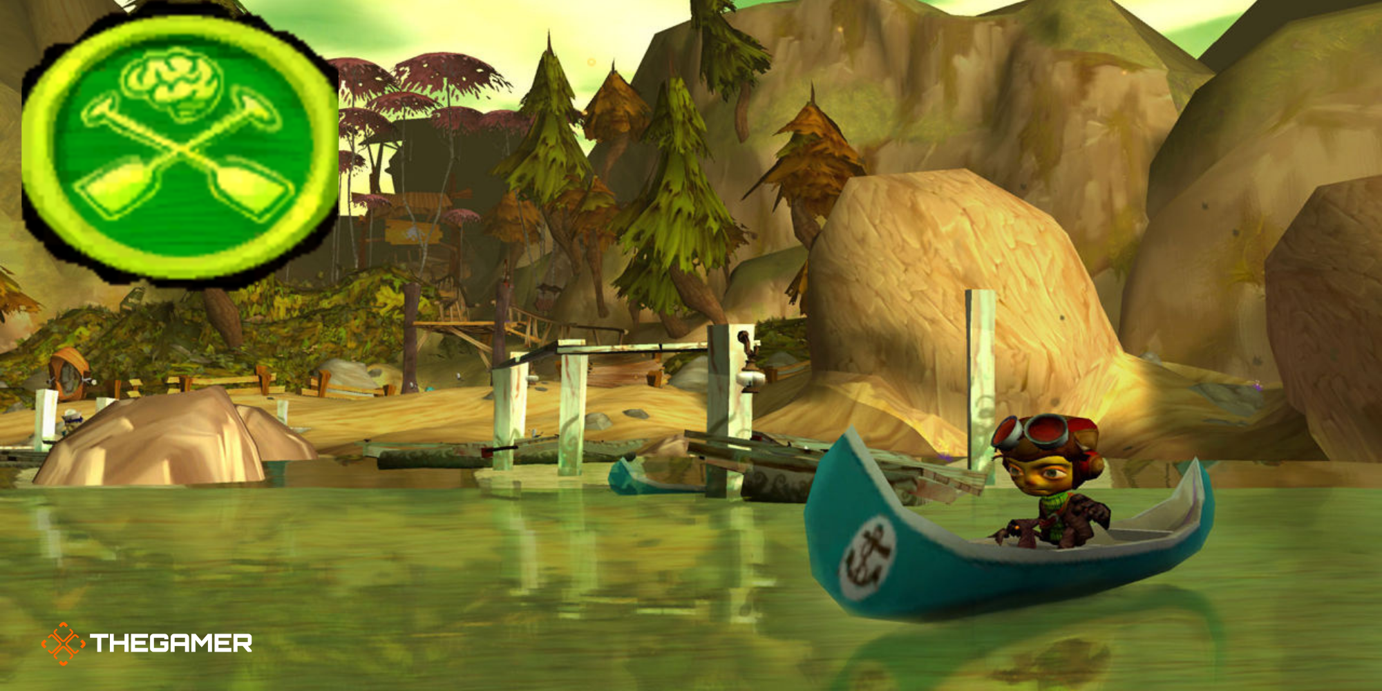 Psychonauts (Raz using a canoe on the lake)