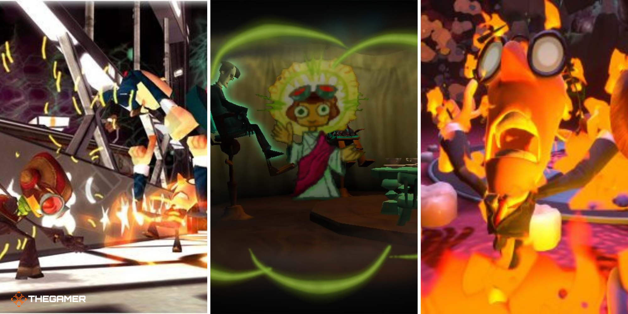 Psychonauts split image - Raz using his psychic abilities (Marksmanship on left, Clairvoyance in centre, Pyrokinesis on right)