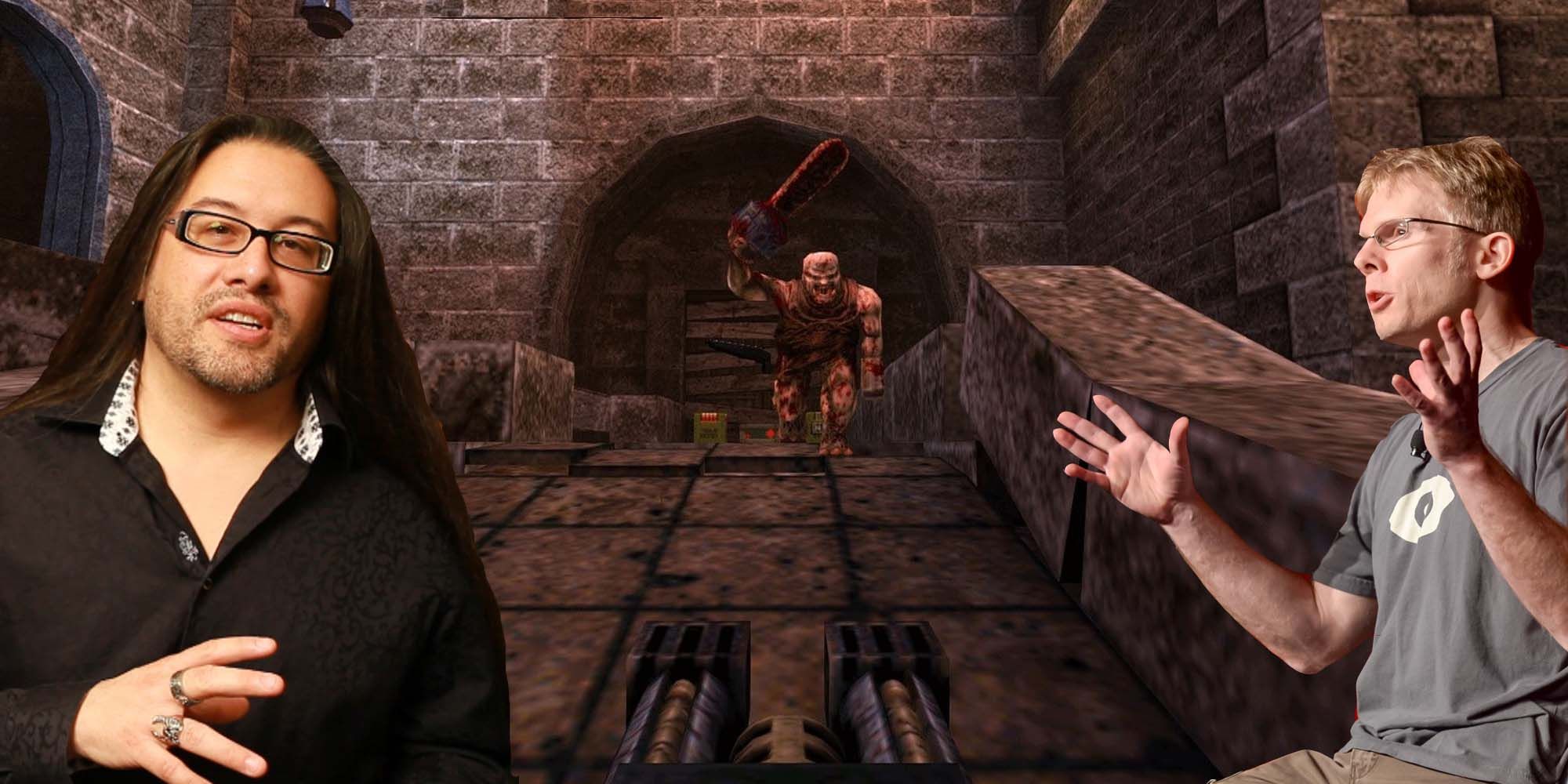 John Romero and John Carmack stand in front of a Quake screenshot.
