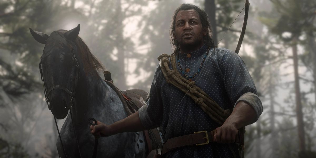 RDR2 Hunting With Charles a horse walks beside Charles