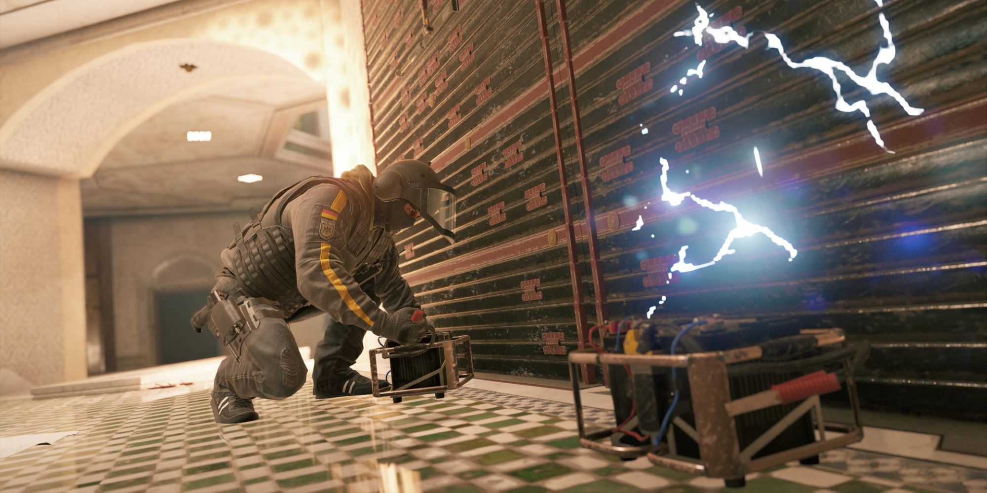 Rainbow Six Siege setting up a wall baracade 