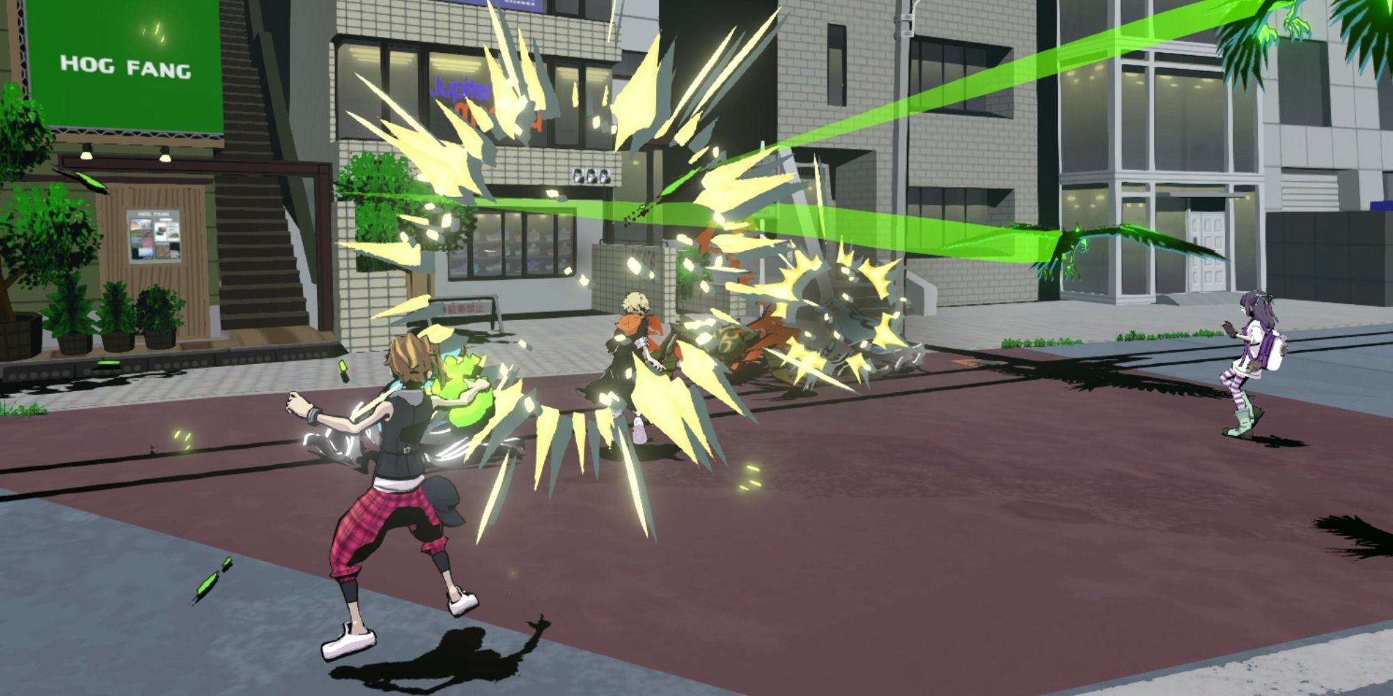 Fret launching attacks on the enemy from a distance with the Raven Pin in Neo: The World Ends With You