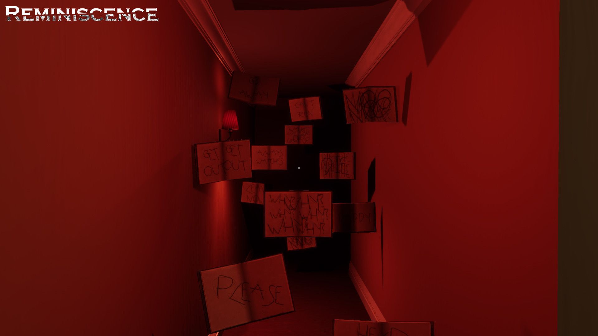 Hallway with red lighting and books floating