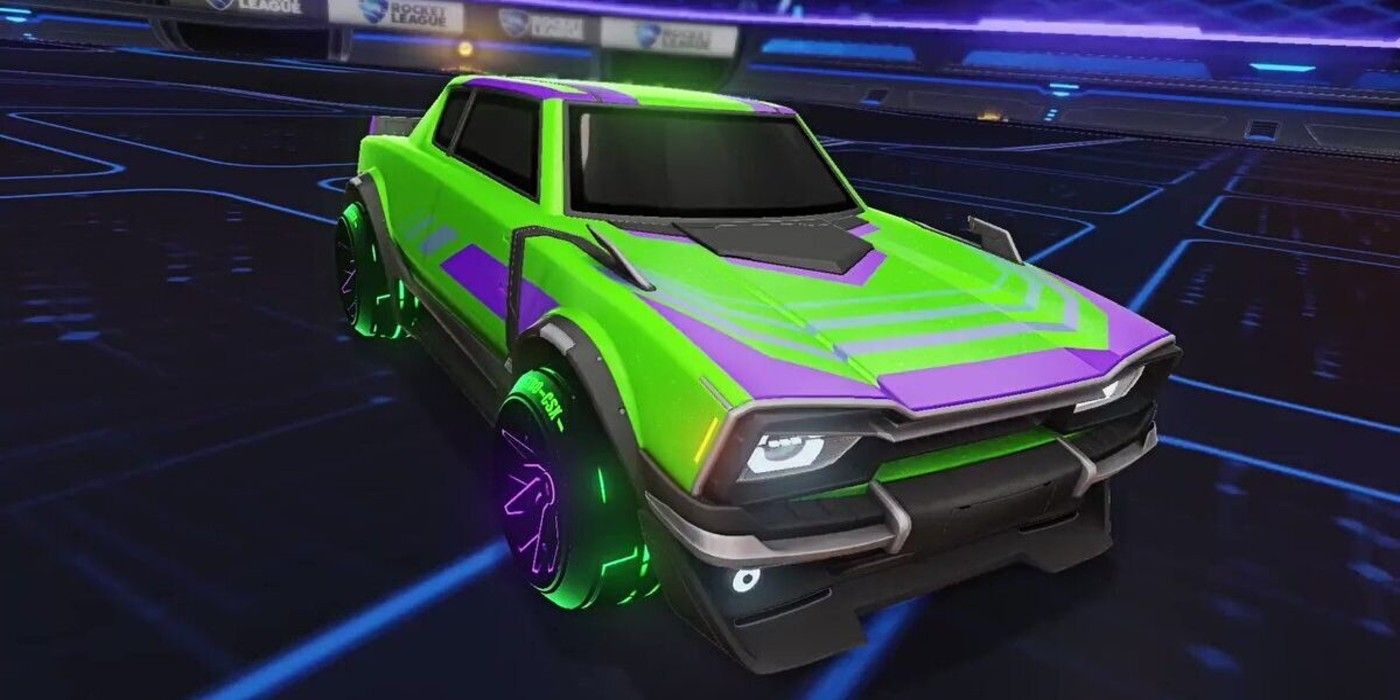 Rocket League Dingo green and neon color three quarters view in arena