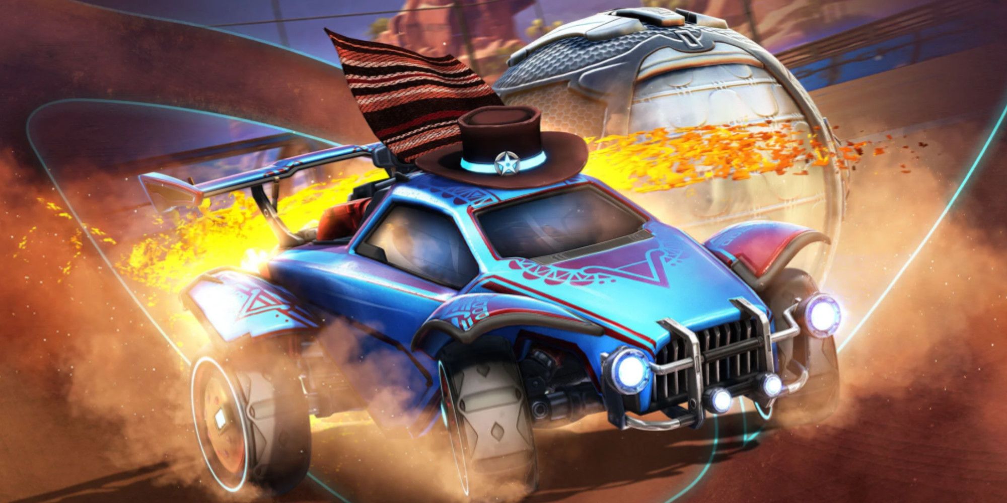 Rocket League Outlaw action shot with dust and flames