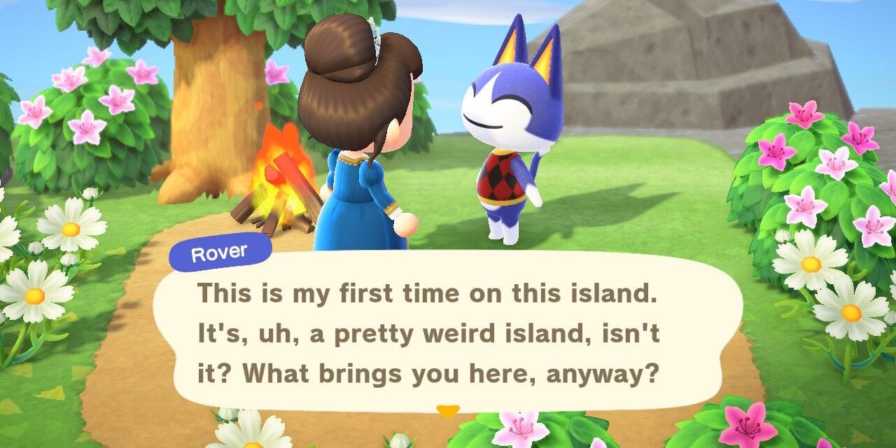 Rover chatting with the player in Animal Crossing: New Horizons