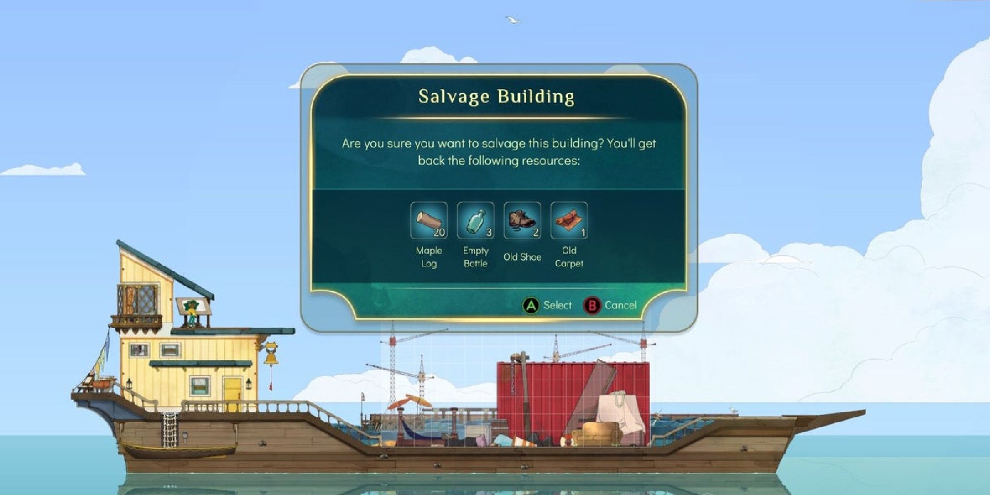 A menu for salvaging a building floats over a boat in Spiritfarer