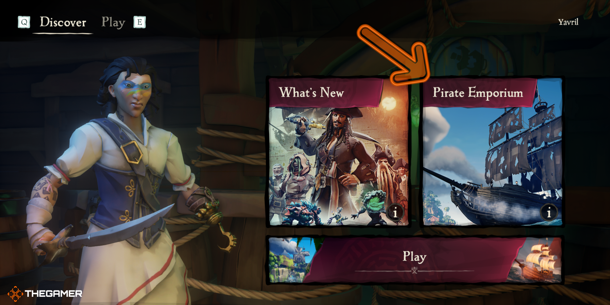 Sea of Thieves - Main Menu with arrow directing the viewer to the Pirate Emporium