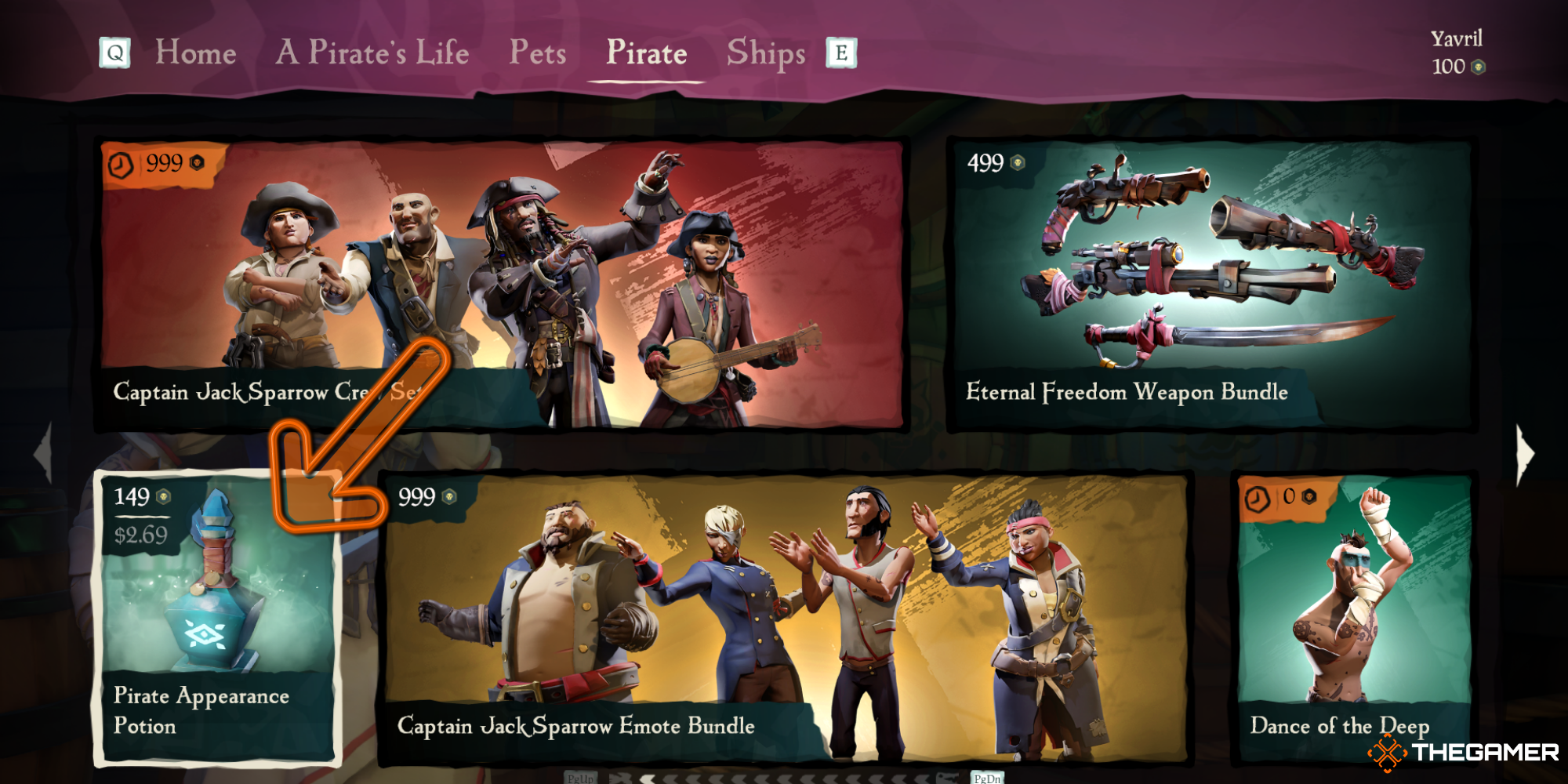 Sea of Thieves - Pirate Emporium with arrow directing the viewer to the Pirate Appearance Potion