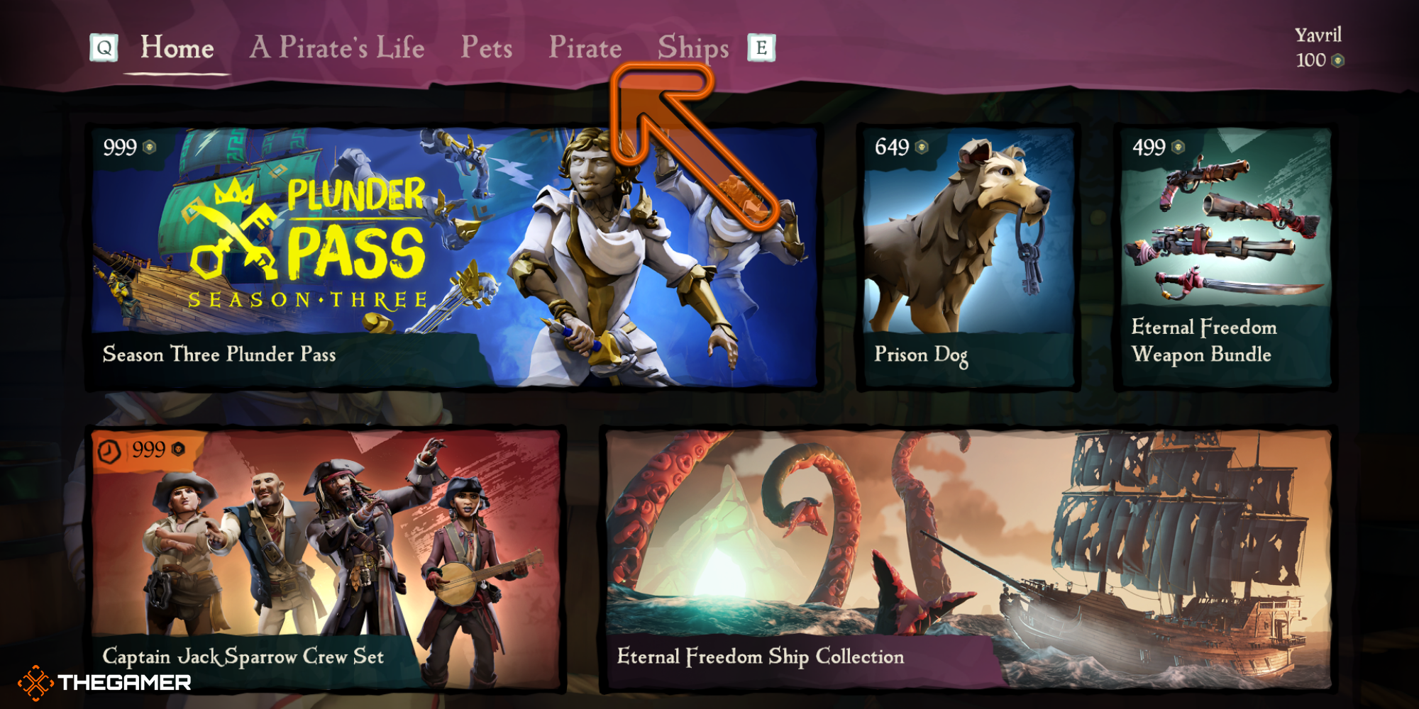 Sea of Thieves - Pirate Emporium with arrow directing the viewer to the Pirate tab