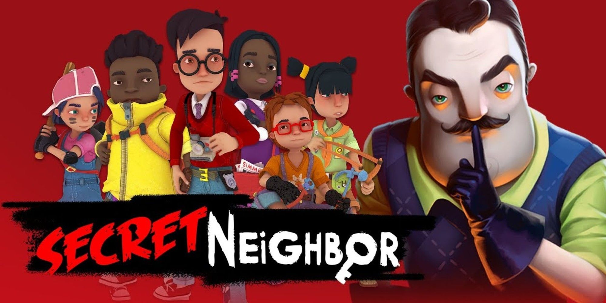 Secret Neighbor: Key Art Showing What The Neighbour And Children Look Like